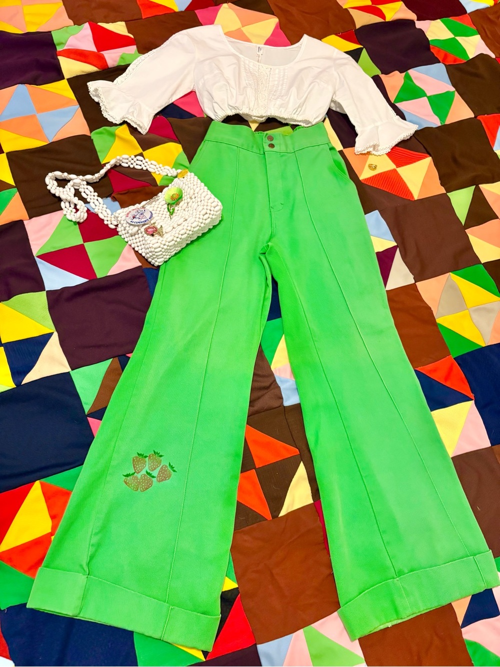 1970s Strawberry High Waist Green Bell Bottom Pants